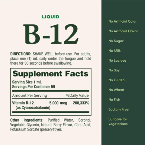 Nature’s Bounty Vitamin B12 5000 mcg Sublingual Liquid, Cardiovascular Health & Cellular Energy Support, 2 Fl Oz (1 Count)