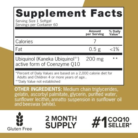 Qunol 200mg Ubiquinol, Powerful Antioxidant for Heart and Vascular Health, Essential for energy production, Natural Supplement Active Form of CoQ10, 60 Count