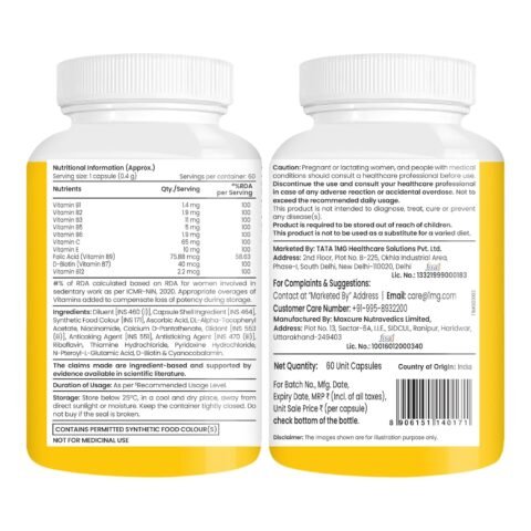Tata 1mg Vitamin B Complex Capsules with 100% RDA for B1,B2,B3,B5,B6,Biotin, with Vitamin C and E, Helps Maintain Energy, Immunity and Skin Health, For Women & Men, Pack of 60 Vegetarian Capsules