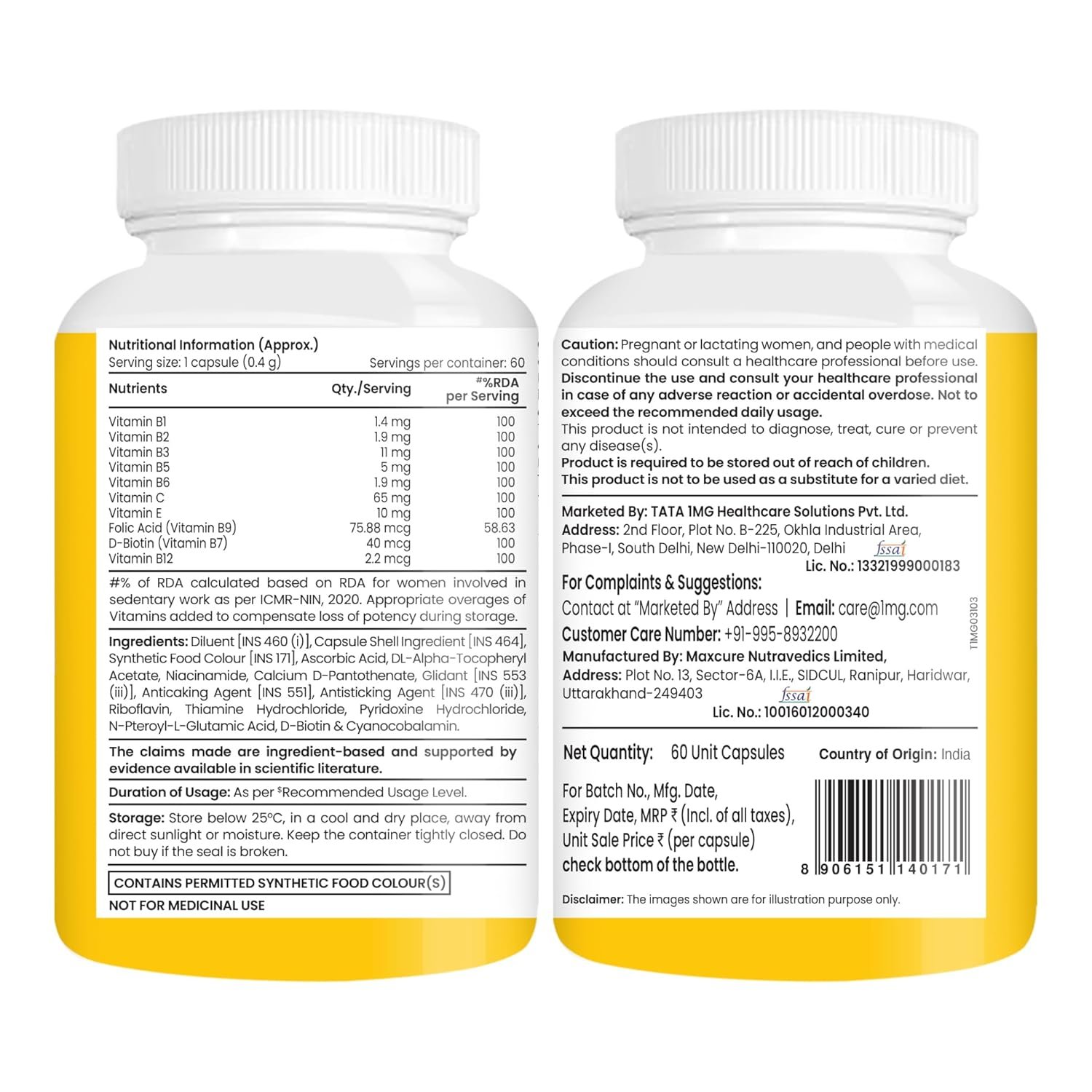 Tata 1mg Vitamin B Complex Capsules with 100% RDA for B1,B2,B3,B5,B6,Biotin, with Vitamin C and E, Helps Maintain Energy, Immunity and Skin Health, For Women & Men, Pack of 60 Vegetarian Capsules Tata 1mg Vitamin B Complex Capsules with 100% RDA for B1,B2,B3,B5,B6,Biotin, with Vitamin C and E, Helps Maintain Energy, Immunity and Skin Health, For Women & Men, Pack of 60 Vegetarian Capsules
