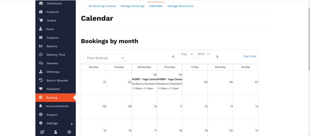 Bookings in Calendar - Booking tab - Dashboard - Vendor Guide - HealThyRam