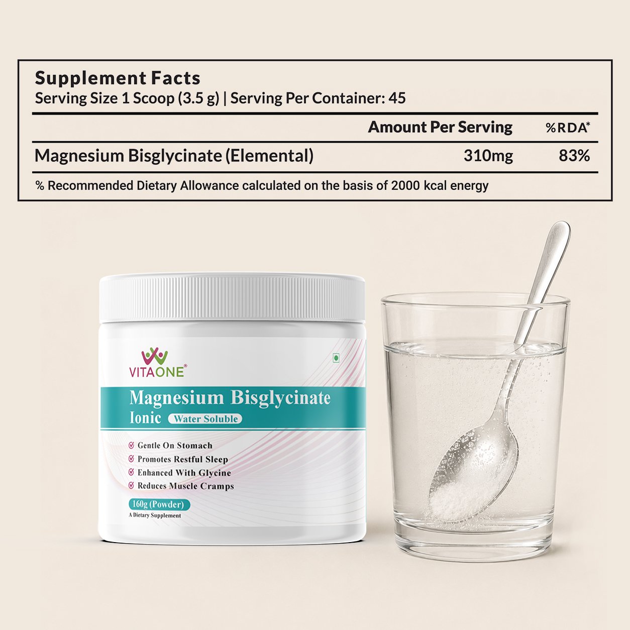 Magnesium-BisclycinateSFjpg About This Product Magnesium bisglycinate is widely regarded as the gold standard in magnesium supplements and for good reason. It’s formed by binding magnesium to glycine, an amino acid with calming effects on the nervous system. This unique chelation dramatically improves bioavailability (how well your body absorbs it) while making it gentle on the stomach, with no laxative effect unlike other common forms like magnesium oxide or citrate. Its dual action delivering both essential magnesium and the relaxing benefits of glycine makes it the most popular form recommended by functional medicine doctors, nutritionists, and integrative health experts around the world. Whether you're looking to support better sleep, mood, muscle function, hormonal balance, or stress recovery, magnesium bisglycinate checks every box. Why Ionic Magnesium Bisglycinate? Highly Bioavailable: Unlike generic magnesium supplements, our bisglycinate form is chelated and ionic ensuring high absorption directly at the cellular level. Water-Soluble Formula: Just mix, sip, and feel calm. Our powder dissolves instantly in water no fillers, no binders, no nonsense. Gentle on the Gut: Perfect for sensitive individuals, magnesium bisglycinate is known to be easy on the digestive tract with no laxative effect. Pure, Functional Dosing: Each serving delivers 310 mg of elemental and free ionic magnesium ideal for daily support of over 300 enzymatic functions in the body. Versatile Usage: Morning energy, post-workout recovery, or bedtime wind down take it your way. Magnesium + Glycine = Calm²: Glycine adds bonus support for anxiety, sleep, and neurotransmitter balance. Lab Tested: Clinically tested at Eurofin Lab. Who is it for? Professionals with high stress and long hours Fitness enthusiasts needing muscle recovery support Women facing cramps, fatigue, or sleep struggles Anyone deficient in magnesium looking for a better tasting, better absorbing solution Clinically-Inspired Formula Each serving (3.5 g) contains: Magnesium Bisglycinate (elemental magnesium): 310 mg No artificial colors, sweeteners, or preservatives. Non-GMO. Gluten-free. Vegan-friendly. Suggested Use: Start with half a scoop daily & gradually increase to 1 scoop per day as needed. Mix with 1 cup water and consume before sleeping. Directions: Place half scoop of powder in a glass,Add half a cup of water and let it Fizz. Wait until powder completely dissolves then add the rest of the Water & Drink it. Slowly increase dose to 1 scoop after a week.
