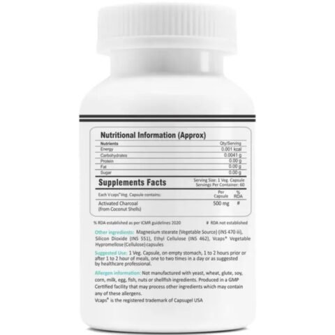 FM Nutrition Activated Charcoal 500 mg 60 Veg Capsules – Natural Detox & Digestive Support