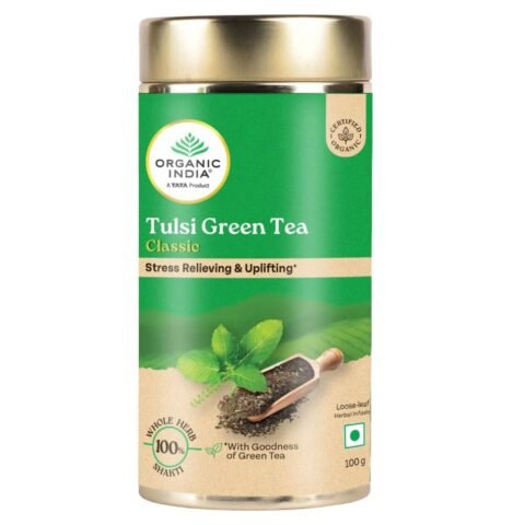 A TATA Product - Organic India Tulsi Green Tea Classic Loose Leaves - 100g, Stress Relieving, Uplifts Mood, Rich in Antioxidants, Blend of Rama, Krishna & Vana Tulsi, Certified Organic