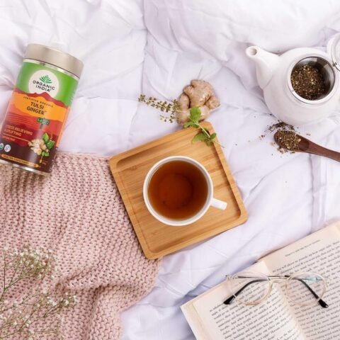 A TATA Product - Organic India Tulsi Ginger Tea - 100g, Rich in Antioxidants, Supports Digestion, Stress Relieving, Helps Boost Metabolism, Caffeine-Free, Whole Herbs