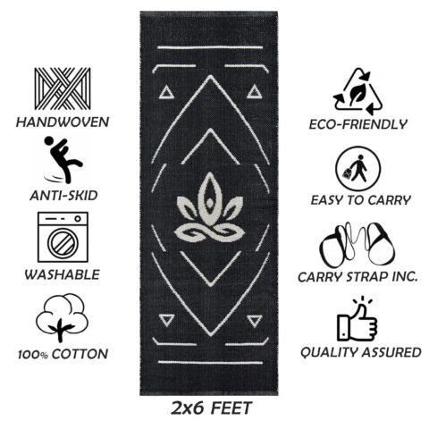 Handwoven COTTON Yoga Mat with Assist Guide Lines | 7 mm Thick | Size- 2X6 Feet | Strong Anti-Slip Backing | Machine Washable |