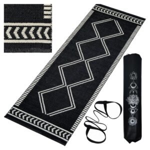 House of Handmade™- Extra Large Cotton Yoga Mat for Women and Men, 70X200 cm, 2’4″x6’8″ feet, Anti Skid, 8 mm thick for Home Workout, Yoga, Pilates, Modern Design, BLACK