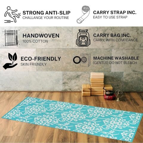 House of Handmade™- Floral Cotton Yoga Mat for Women & Men | 100% Cotton | High Density Anti-Slip Backing, Carry Bag & Strap | Eco-Friendly | 10 MM Thick | Home & Gym Use | Washable, Floral