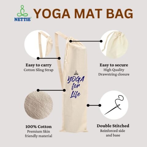 NETTIE Cotton Yoga Mat Carry Bag Big Size – Ivory | Drawstring & Strap | Fits Mats 2mm to 7mm Thick