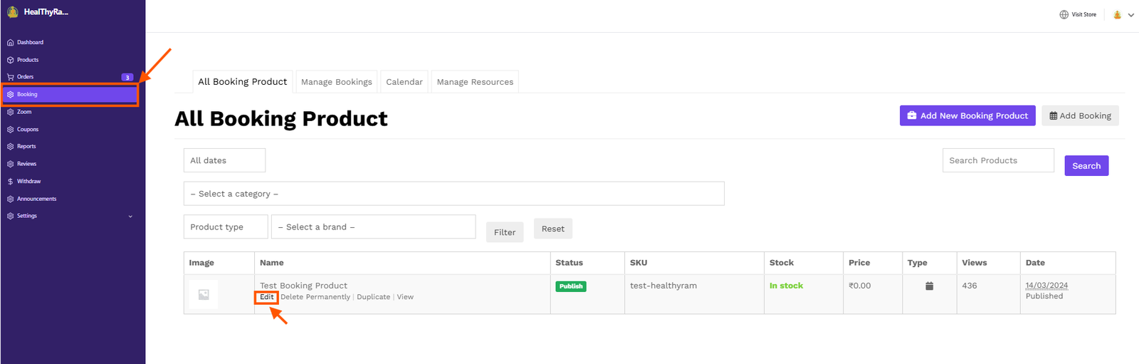 Edit Booking Products - Booking Menu - Dashboard - Vendor Guide - HealThyRam