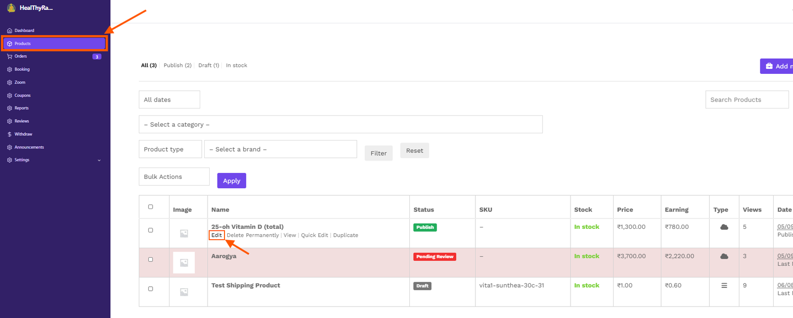 Edit Products - Product Menu - Dashboard - Vendor Guide - HealThyRam