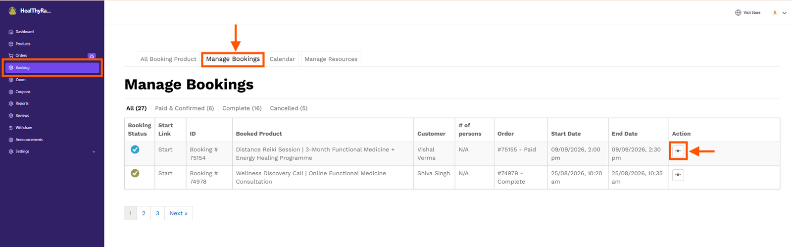 Manage Bookings - Booking tab - Dashboard - Vendor Guide - HealThyRam