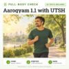 Aarogyam 1.1 with UTSH: 63 tests included, full-body health check package with home sample collection. Illustration: a man on an easy morning jog in the park.