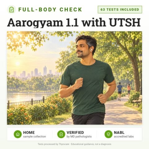 Aarogyam 1.1 with UTSH: 63 tests included, full-body health check package with home sample collection. Illustration: a man on an easy morning jog in the park.