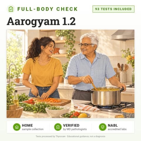 Aarogyam 1.2: 93 tests included, full-body health check package with home sample collection. Illustration: a father and daughter cooking dal together in the kitchen.