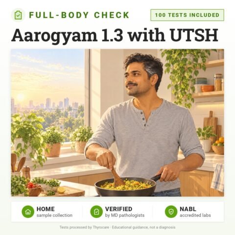 Aarogyam 1.3 with UTSH: 100 tests included, full-body health check package with home sample collection. Illustration: a man cooking poha for breakfast at home.