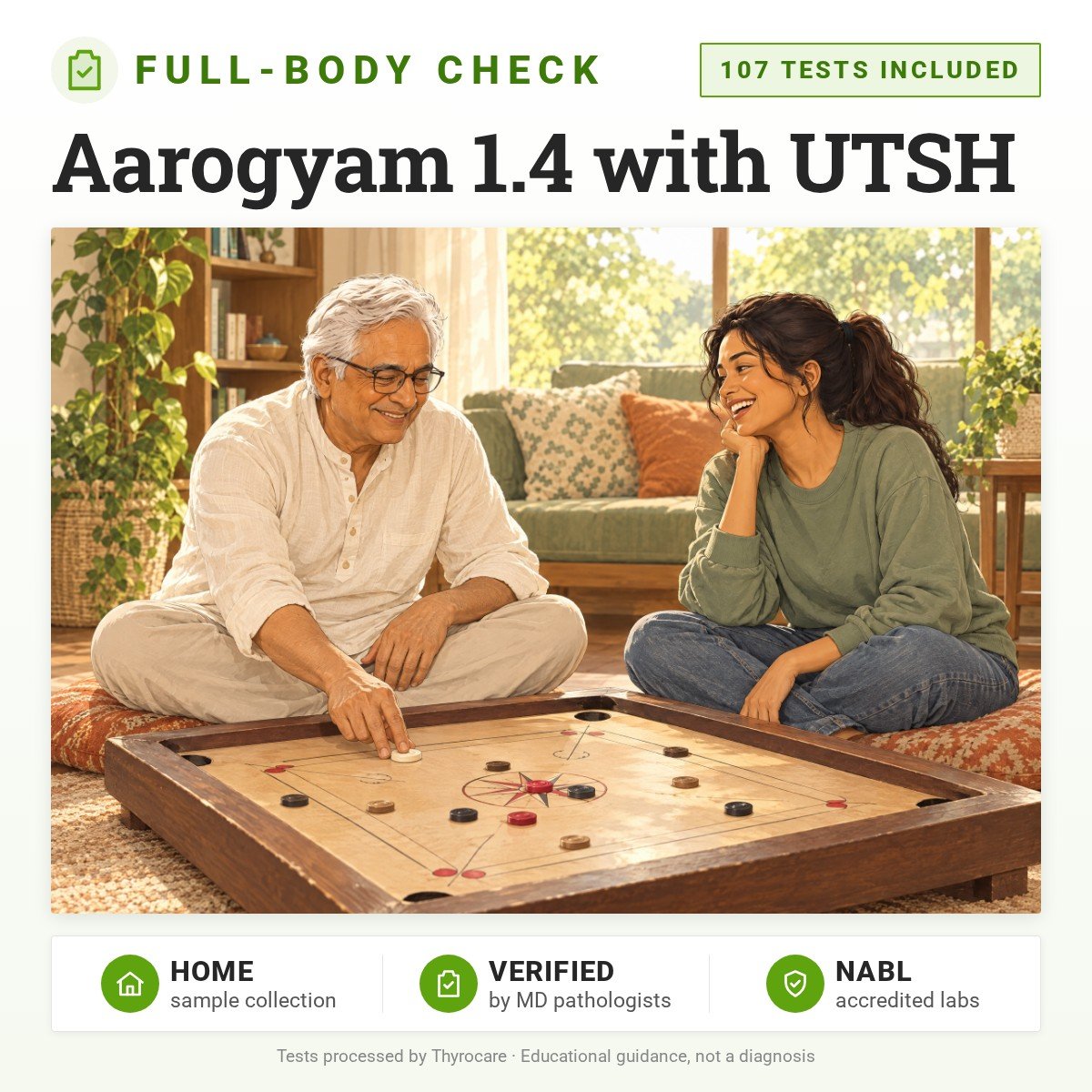 Aarogyam 1.4 with UTSH: 107 tests included, full-body health check package with home sample collection. Illustration: a father and daughter playing carrom at home.