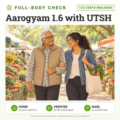Aarogyam 1.6 with UTSH: 112 tests included, full-body health check package with home sample collection. Illustration: a father and daughter strolling through a farmers' market.