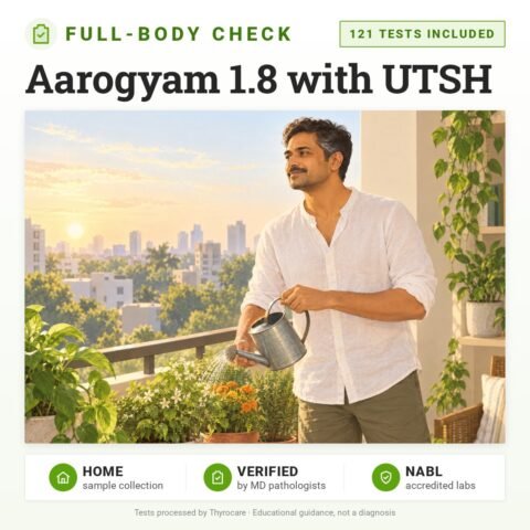 Aarogyam 1.8 with UTSH: 121 tests included, full-body health check package with home sample collection. Illustration: a man watering plants on his balcony.