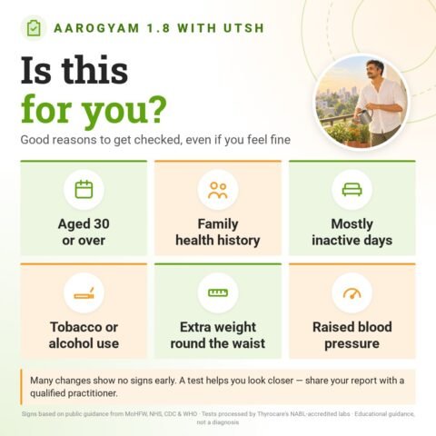 Is the Aarogyam 1.8 with UTSH for you? Good reasons to get checked, even if you feel fine: aged 30 or over, family health history, mostly inactive days, tobacco or alcohol use, extra weight round the waist, raised blood pressure.