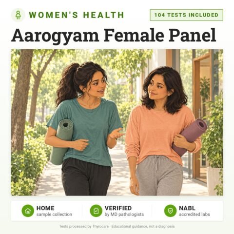 Aarogyam Female Panel: 104 tests included, women's health package with home sample collection. Illustration: two women friends walking out of a yoga class with their mats.