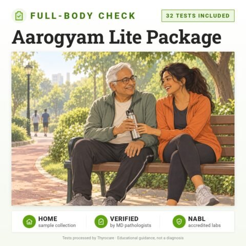 Aarogyam Lite Package: 32 tests included, full-body health check package with home sample collection. Illustration: an older father and his adult daughter chatting on a park bench.
