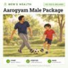 Aarogyam Male Package: 103 tests included, men's health package with home sample collection. Illustration: a father and son playing football in the park.