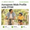 Aarogyam Male Profile with UTSH: 107 tests included, men's health package with home sample collection. Illustration: a father and son cycling down a leafy lane.