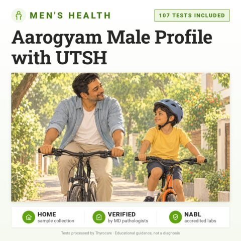 Aarogyam Male Profile with UTSH: 107 tests included, men's health package with home sample collection. Illustration: a father and son cycling down a leafy lane.