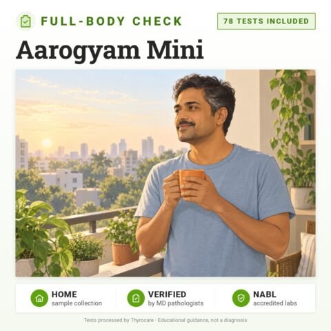 Aarogyam Mini: 78 tests included, full-body health check package with home sample collection. Illustration: a man enjoying a morning cup of tea on his balcony.