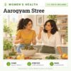 Aarogyam Stree: 111 tests included, women's health package with home sample collection. Illustration: two women friends making a salad together.
