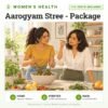 Aarogyam Stree - Package: 111 tests included, women's health package with home sample collection. Illustration: two women friends making a salad together.