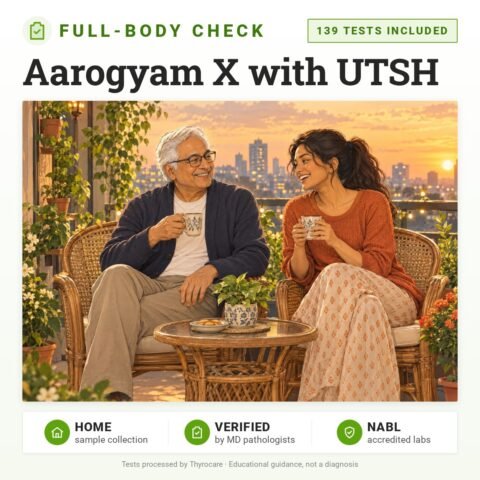Aarogyam X with UTSH: 139 tests included, full-body health check package with home sample collection. Illustration: a father and daughter sharing evening chai on the balcony.