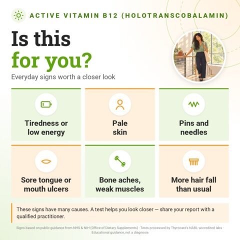 Is the Active Vitamin B12 (Holotranscobalamin) for you? Everyday signs worth a closer look: tiredness or low energy, pale skin, pins and needles, sore tongue or mouth ulcers, bone aches, weak muscles, more hair fall than usual.