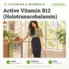 Active Vitamin B12 (Holotranscobalamin): single test, vitamin and mineral test with home sample collection. Illustration: a woman pausing at the top of the office stairs.