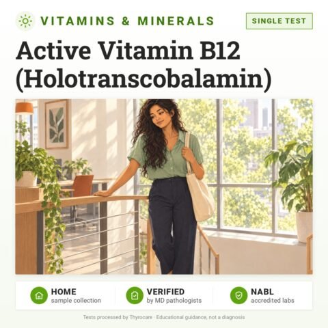 Active Vitamin B12 (Holotranscobalamin): single test, vitamin and mineral test with home sample collection. Illustration: a woman pausing at the top of the office stairs.