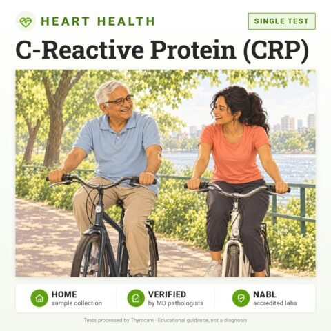 C-Reactive Protein (CRP): single test, heart health test with home sample collection. Illustration: a father and daughter cycling along a riverside path.