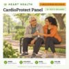 CardioProtect Panel: 20 tests included, HealThyRam Exclusive, heart health panel with home sample collection. Illustration: an older father and his adult daughter resting on a park bench.