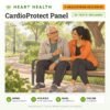 CardioProtect Panel: 20 tests included, HealThyRam Exclusive, heart health panel with home sample collection. Illustration: an older father and his adult daughter resting on a park bench.