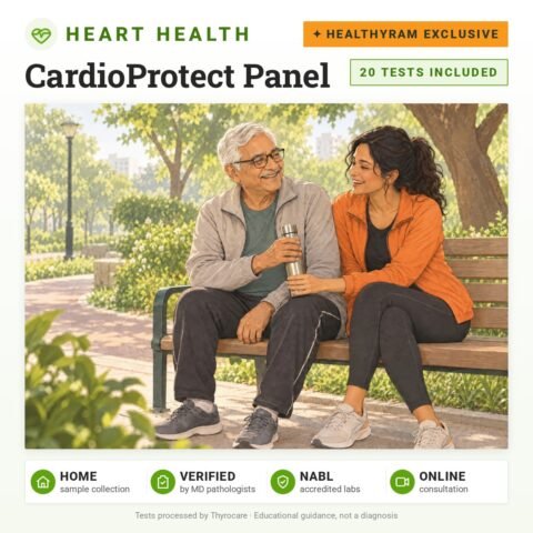 CardioProtect Panel: 20 tests included, HealThyRam Exclusive, heart health panel with home sample collection. Illustration: an older father and his adult daughter resting on a park bench.