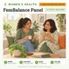 FemBalance Panel: 16 tests included, HealThyRam Exclusive, women's health panel with home sample collection. Illustration: two women friends chatting over tea on a sofa.