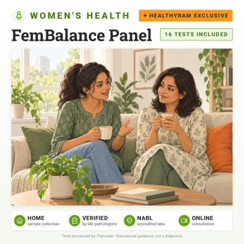 FemBalance Panel: 16 tests included, HealThyRam Exclusive, women's health panel with home sample collection. Illustration: two women friends chatting over tea on a sofa.