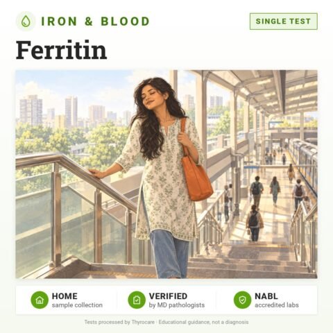 Ferritin: single test, iron and blood test with home sample collection. Illustration: a woman pausing on the metro station stairs.