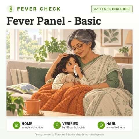 Fever Panel - Basic: 37 tests included, fever test with home sample collection. Illustration: a grandmother cuddling her granddaughter under a blanket on the sofa.