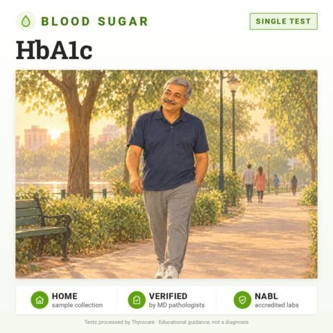 HbA1c: single test, blood sugar test with home sample collection. Illustration: an older man on an evening walk in the park.