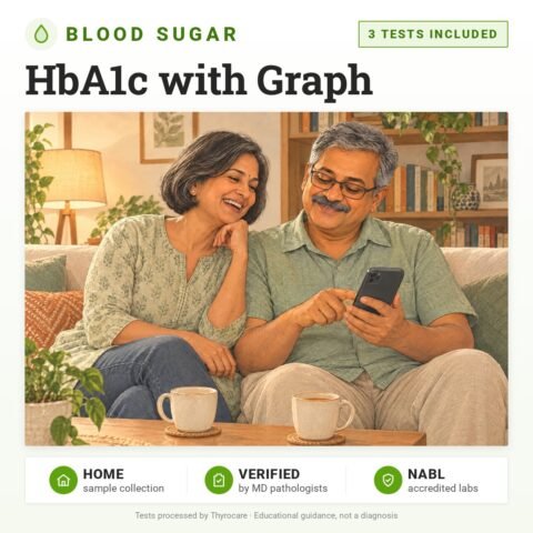 HbA1c with Graph: 3 tests included, blood sugar test with home sample collection. Illustration: an older couple on the sofa, the man reading his phone.