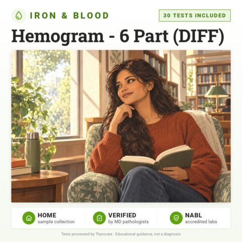 Hemogram - 6 Part (DIFF): 30 tests included, iron and blood test with home sample collection. Illustration: a woman reading in a quiet library corner.