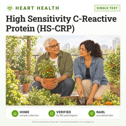 High Sensitivity C-Reactive Protein (HS-CRP): single test, heart health test with home sample collection. Illustration: a father and daughter tending a rooftop garden.