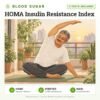 HOMA Insulin Resistance Index: 3 tests included, blood sugar test with home sample collection. Illustration: an older man doing a seated stretch on his balcony at sunrise.