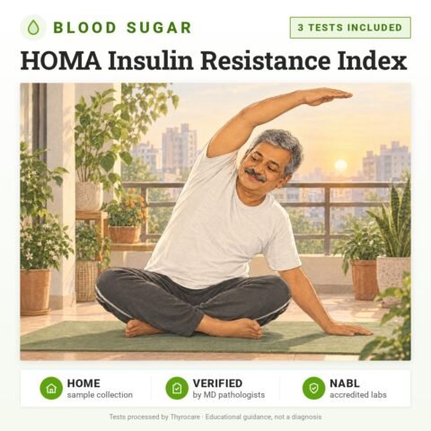 HOMA Insulin Resistance Index: 3 tests included, blood sugar test with home sample collection. Illustration: an older man doing a seated stretch on his balcony at sunrise.